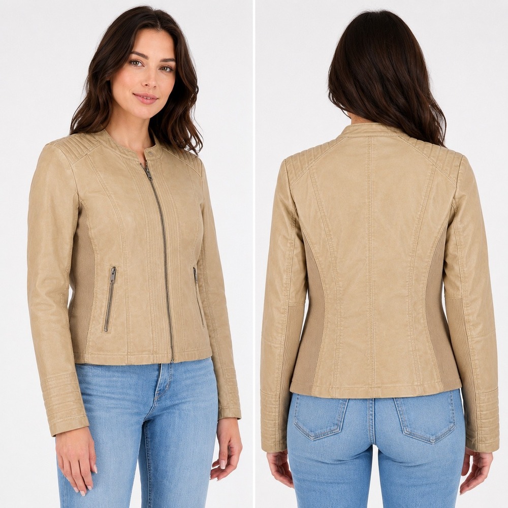 Maurices Faux Leather Moto Jacket Womens XL Tan Quilted Zip Up‎ Ribbed Panels